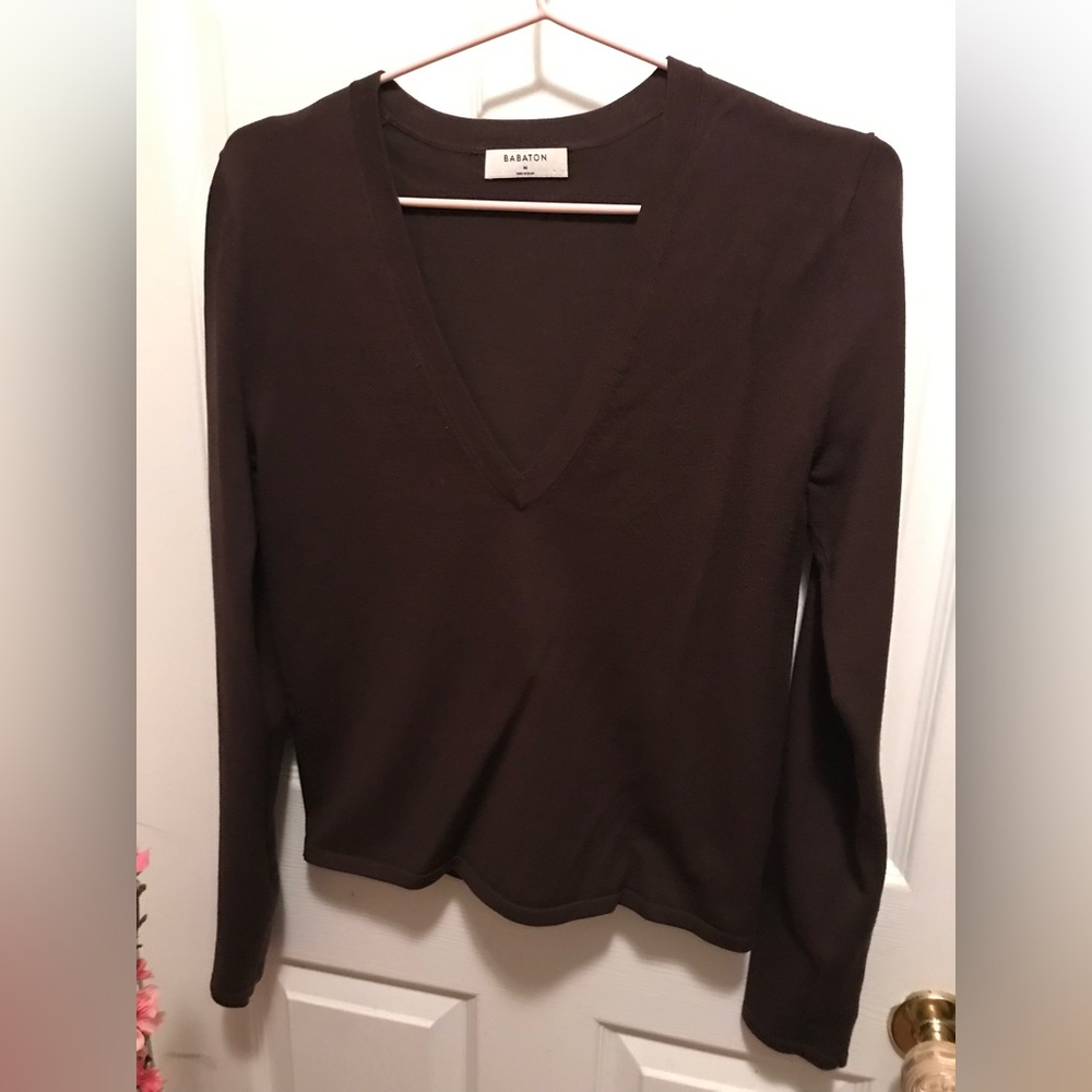 Babaton Deep Brown Long Sleeve V-Neck Top